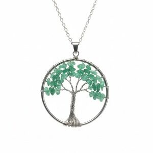Tree of Life Pendant Necklace Green Crystal Aventurine Silver Tone Women Jewelry